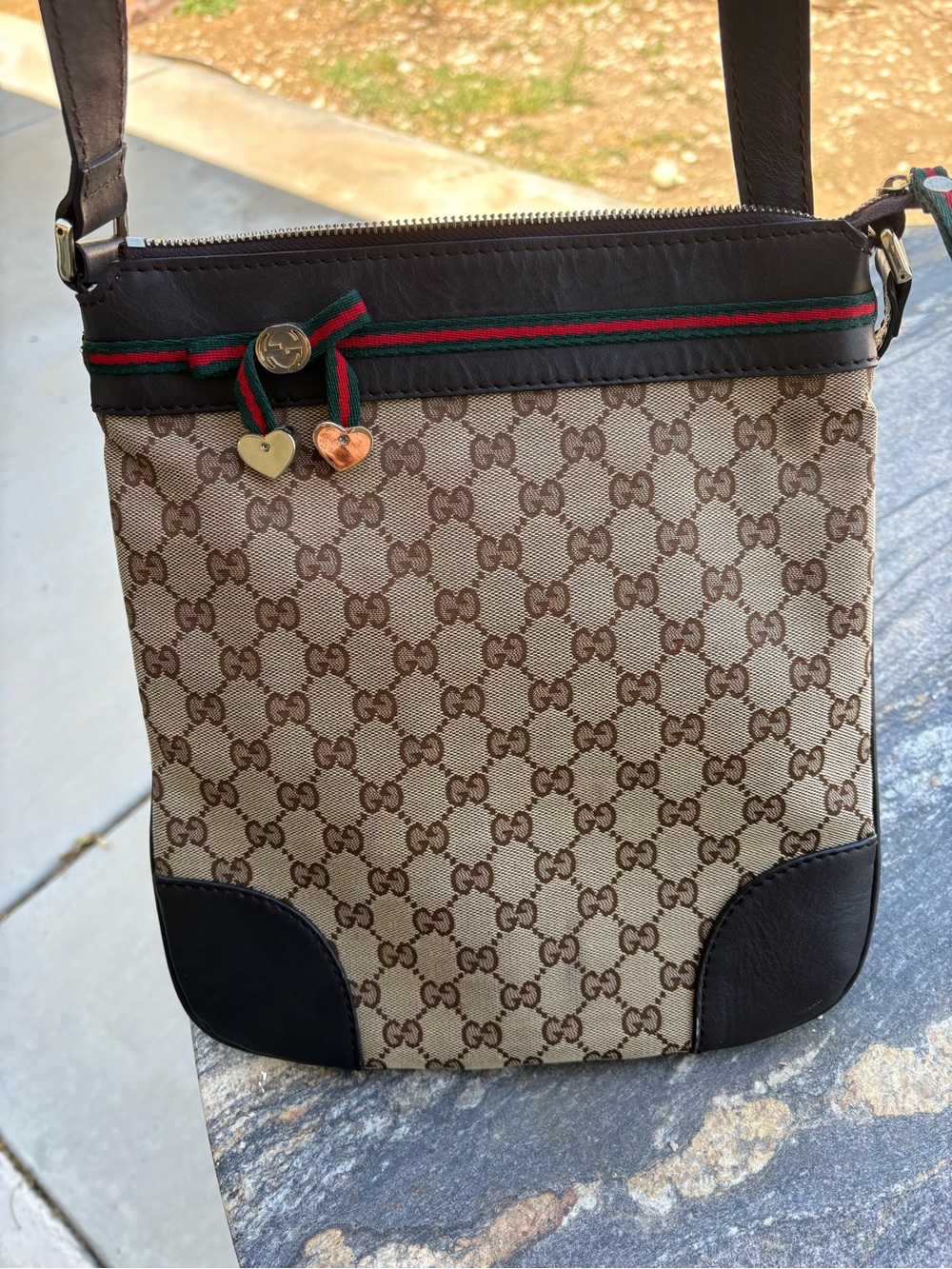 Gucci Beige Brown GG Supreme Crossbody with Green Red Web